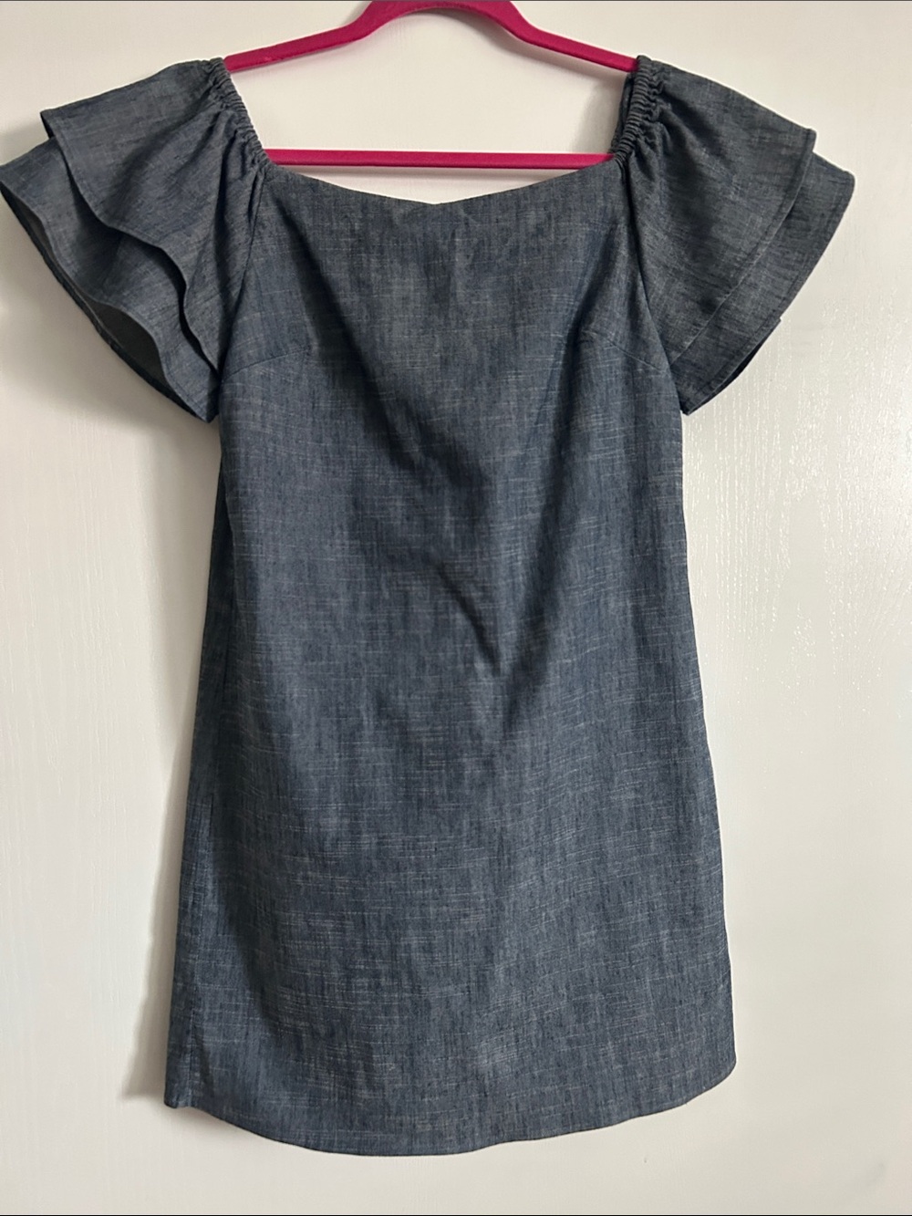 Alice + Olivia Chambray Off-Shoulder Mini Dress in Dark Gray